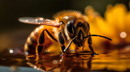 A bee drinks water from a puddle