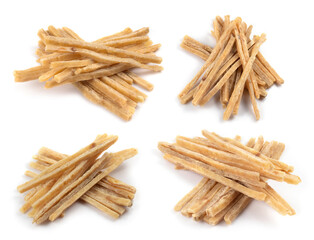 Dried salted tuna meat strips isolated on white background. Snack Fish to beer. Collection.