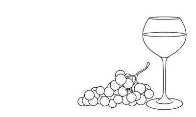 Wine glass and grapes. Still life. Sketch. Line draw. Decor.