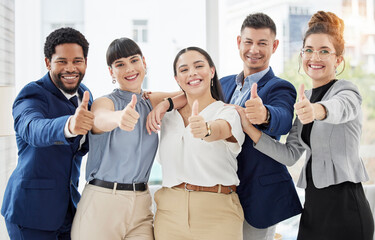 Business people, portrait and thumbs up for winning, good job or team success together at the office. Group of happy employee workers showing thumb emoji with smile for yes sign or like in agreement