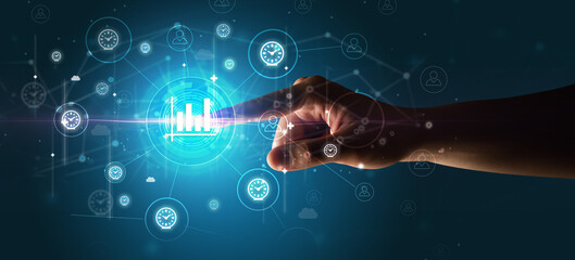 Businessman hand pressing stock graphic information on multitouch screen