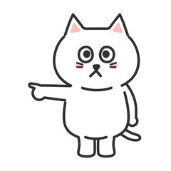 White cartoon cat pointing at something or someone. Transparent PNG.