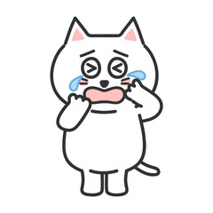 White Cat illustration. Comic. Vector isolated. A white cartoon cat crying loudly with tears. Transparent PNG.