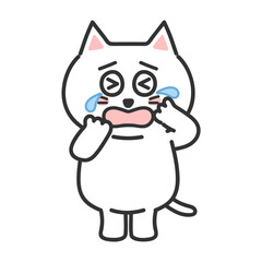 A white cartoon cat crying loudly with tears. Transparent PNG.