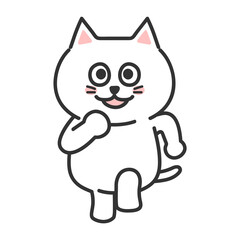White cartoon cat running cheerfully. Transparent PNG.
