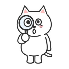 White Cat illustration. Comic. White cartoon cat searching for something with a magnifying glass. Transparent PNG.