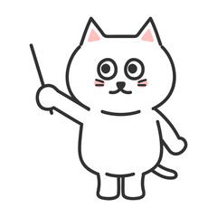 White Cat illustration. Comic. White cartoon cat explaining something with a pointing stick. Transparent PNG.