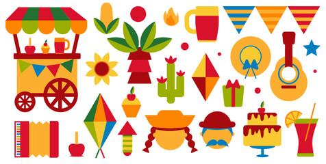 Festa Junina con. Music Festival. Simple, minimalist icons. Festive banner, poster. Vector illustrations.