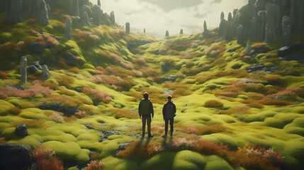 Two friends starting a new adventure into the wilderness. Generative AI