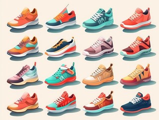 A set of colorful and stylish sneakers on a white background