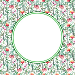 Watercolor invitation design with flowers, leaves. Flower, background with floral elements, botanical watercolor illustration. Vintage template. wreath, round frame.