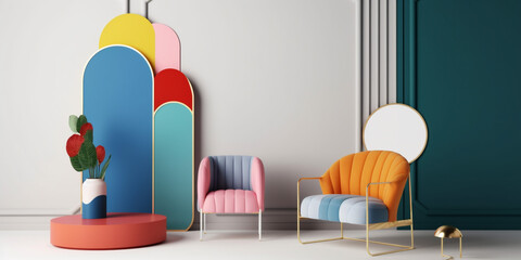 armchair pink geometric art colourful home design memphis sofa interior room. Generative AI.