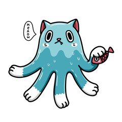 Blue octopus cat catching fish. Cat character design. Cartoon hand drawn funny animal.
