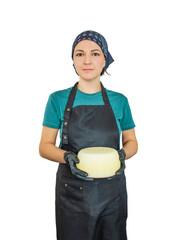 female cheese maker in an apron and a scarf holds a head of hard or semi-hard cheese on a white background
