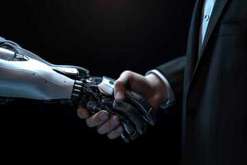 Businessman and robot shake hand pose