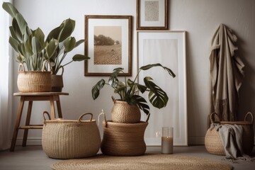 Fototapeta na wymiar Vertical photo of potted house plants on minimalistic table near home décor, mock up picture frame, pillow, and plaid in woven basket stand in room with morning light in boho or hygge interior