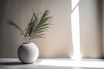 Fototapeta na wymiar vase wall home palm interior design concrete shadows decor palm tree sunlight. Generative AI.