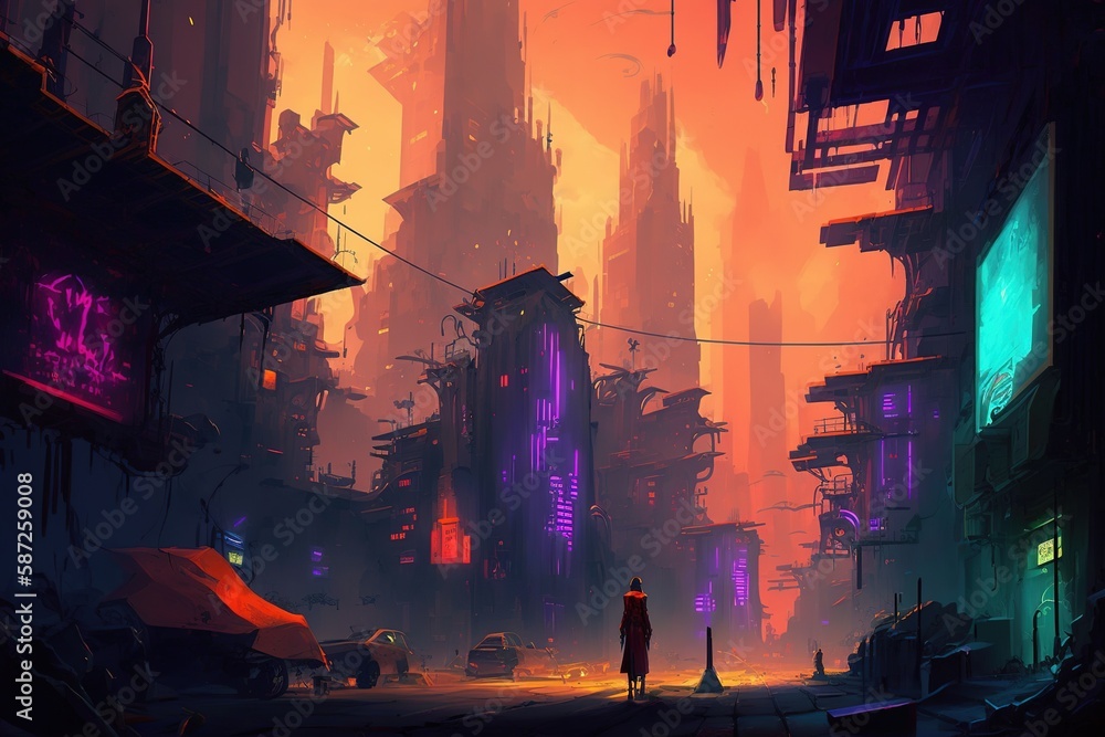 Poster animated digital painting concept picture featuring a cyberpunk cityscape set in a multicolored mult