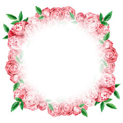 アナログ水彩ピンクのミニバラのサークルフレーム