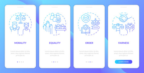 Law and justice ideas blue gradient onboarding mobile app screen. Walkthrough 4 steps graphic instructions with linear concepts. UI, UX, GUI template. Myriad Pro-Bold, Regular fonts used