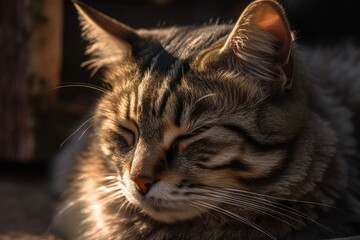 Obraz premium slum cat. In the early morning sunlight, a pet cat is dozing. Generative AI
