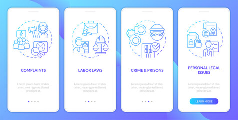 Laws and legal issues blue gradient onboarding mobile app screen. Walkthrough 4 steps graphic instructions with linear concepts. UI, UX, GUI template. Myriad Pro-Bold, Regular fonts used