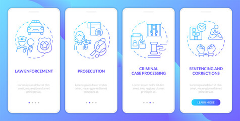 Fototapeta na wymiar Justice system blue gradient onboarding mobile app screen. Public safety. Walkthrough 4 steps graphic instructions with linear concepts. UI, UX, GUI template. Myriad Pro-Bold, Regular fonts used