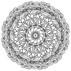 Outline mandala with hiding rabbit and looking for eggs in patterns, creative coloring page
