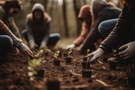 young people planting plants, with a selective focus close-up shot emphasizing the hands-on aspect of gardening and the importance of youth involvement in environmental initiatives. Generative AI