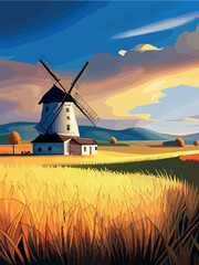 Windmill farm. Wheat field. Agriculture. Flour grinding mechanism. Windmill. Rural Dutch landscape with windmill and wheat field. Vertical format - obrazy, fototapety, plakaty