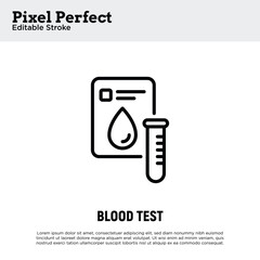 Blood test, medical report with blood droplet and test tube. Thin line icon. Pixel perfect, editable stroke. Vector illustration.