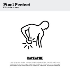 Backache thin line icon. Man touching his back. Osteoporosis, arthritis symptom.  Pixel perfect, editable stroke. Vector illustration.