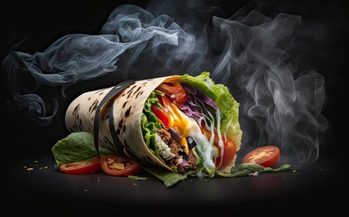 Burrito wraps shawarma with vegetables, chicken, beef, and hot smoke effects on a black background. Delicious Food, Mexican shawarma, salad, and tomatoes in tortilla sauce made with Generative Ai