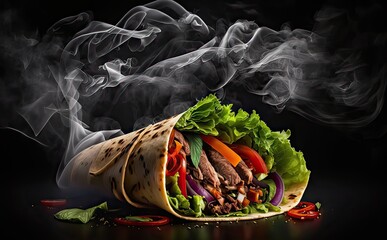 Burrito wraps shawarma with vegetables, chicken, beef, and hot smoke effects on a black background. Delicious Food, Mexican shawarma, salad, and tomatoes in tortilla sauce made with Generative Ai