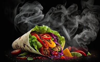 Burrito wraps shawarma with vegetables, chicken, beef, and hot smoke effects on a black background. Delicious Food, Mexican shawarma, salad, and tomatoes in tortilla sauce made with Generative Ai