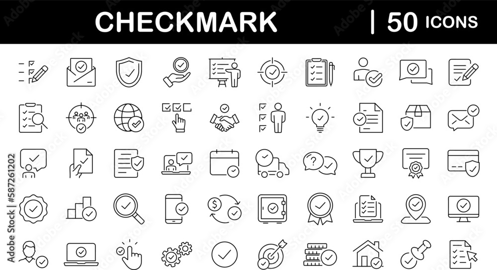 Fototapete Check mark set of web icons in line style. Approve icons for web and mobile app. Approve, check marks, ticks, inspector, quality check, approved icons and more. Vector illustration