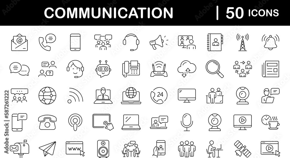 Poster communication set of web icons in line style. speaking signs for web and mobile app. contact us, dis