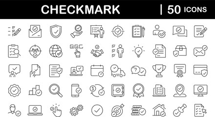Fototapeta na wymiar Check mark set of web icons in line style. Approve icons for web and mobile app. Approve, check marks, ticks, inspector, quality check, approved icons and more. Vector illustration