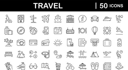 Fototapeta na wymiar Travel and Tourism set of web icons in line style.Travel and vacation icons for web and mobile app. Airport, tickets, tour, relax, hotel, recreational rest, service. Vector illustration