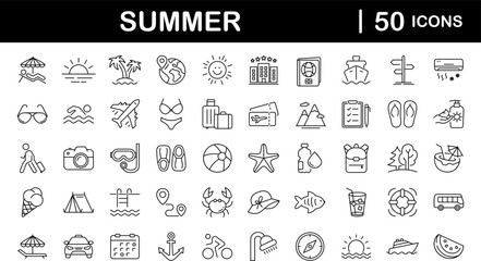Summer set of web icons in line style. Summer vacation icons for web and mobile app. Travel, beach, tourism, summer holidays, hotel, relax, beach, luggage, passport, sunglasses. Vector illustration