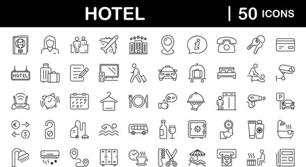 Fototapeta na wymiar Hotel set of web icons in line style. Hotel and vacation icons for web and mobile app. Hotel services, recreational rest, relax, travel. Vector illustration
