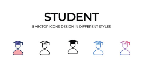 Student Icon Design in Five style with Editable Stroke. Line, Solid, Flat Line, Duo Tone Color, and Color Gradient Line. Suitable for Web Page, Mobile App, UI, UX�and�GUI�design.