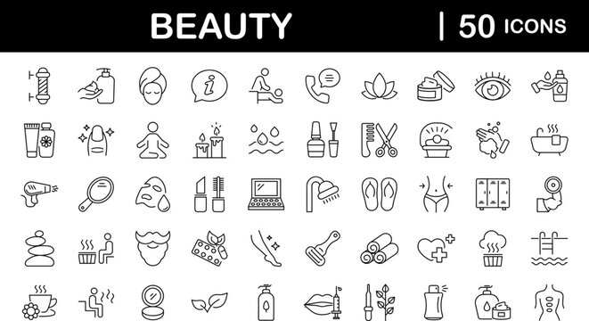 Beauty and Spa set of web icons in line style. Cosmetics services & Spa icons for web and mobile app. Spa treatments, skin care, massage, hyaluronic acid, serum, anti ageing, pore tighten, cosmetology