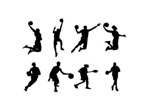 silhouettes of people playing basketball. basketball players vector design and illustration. basketball players vector art, icons, and vector images. basketball players isolated white background.