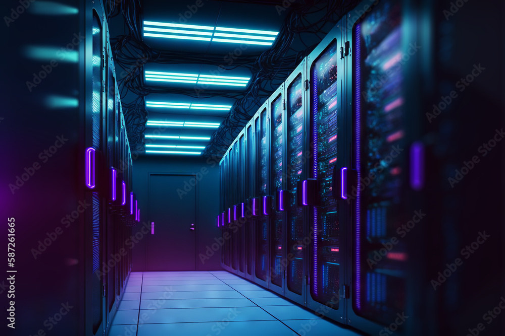 Leinwandbilder dark servers data center room with computers and storage systems and purple blue glowing elements. g