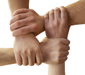 Hands put together, Union, togetherness and teamwork concept isolated on transparent background