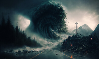 Fototapeta premium Huge tsunami destroying a city. Dramatic scenery with a big wave flooding the lanscape. Natural disaster concept art. Generative ai