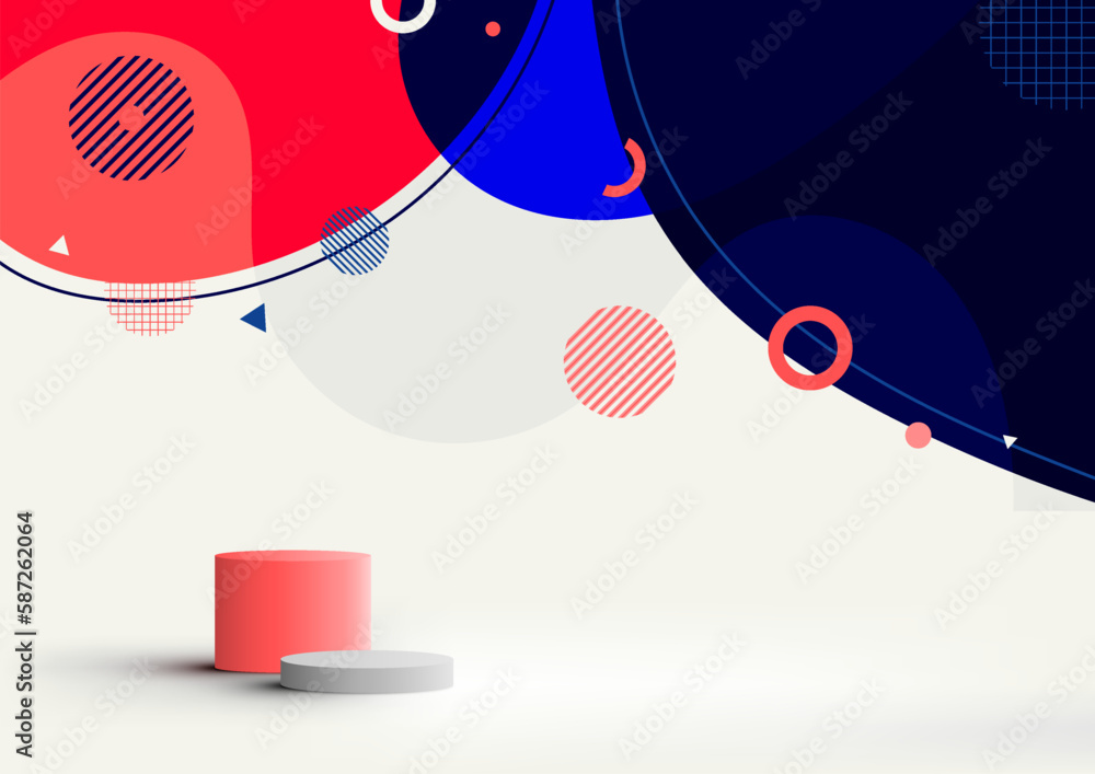 Poster 3d realistic empty white and red podium cylinder stand with abstract organic shapes forms pattern wi
