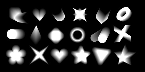 Obraz premium Blurry gradient shapes set with y2k transparent aura. 00s brutalism effect collection. White on black decorative geometric elements. Trendy distressed abstract banners creator. Isolated vector