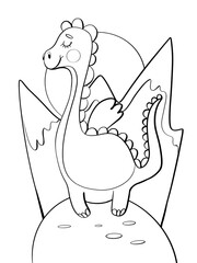 contour line illustration cute character dinosaur children cartoon style in the mountains design element cover postcard coloring book